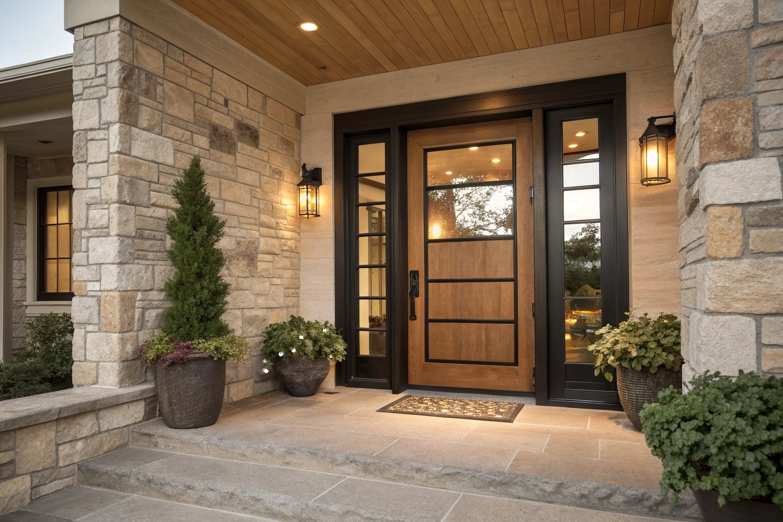 Modern wood front entry door with side glazing