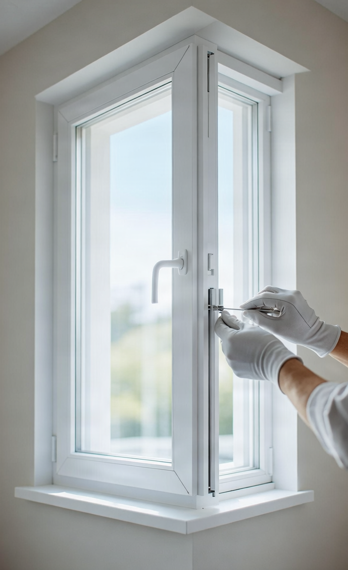 Professional window repair and installation service in progress, clean residential setting.